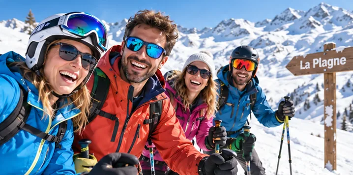 Séjour ski solo à La Plagne : groupe de skieurs solos souriants devant un panneau La Plagne