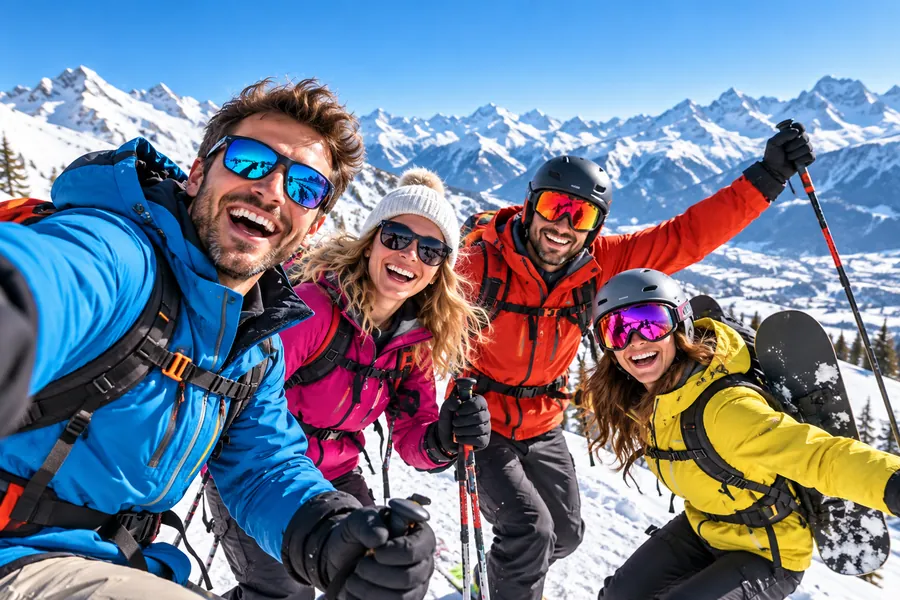 Vacances solo à la montagne : quatre skieurs font un selfie en riant, devant les sommets enneigés