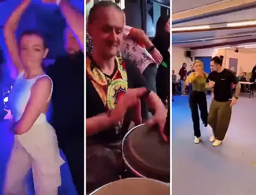 Ski Latino : une danseuse en soirée, le percussionniste aux congas, un couple en workshop