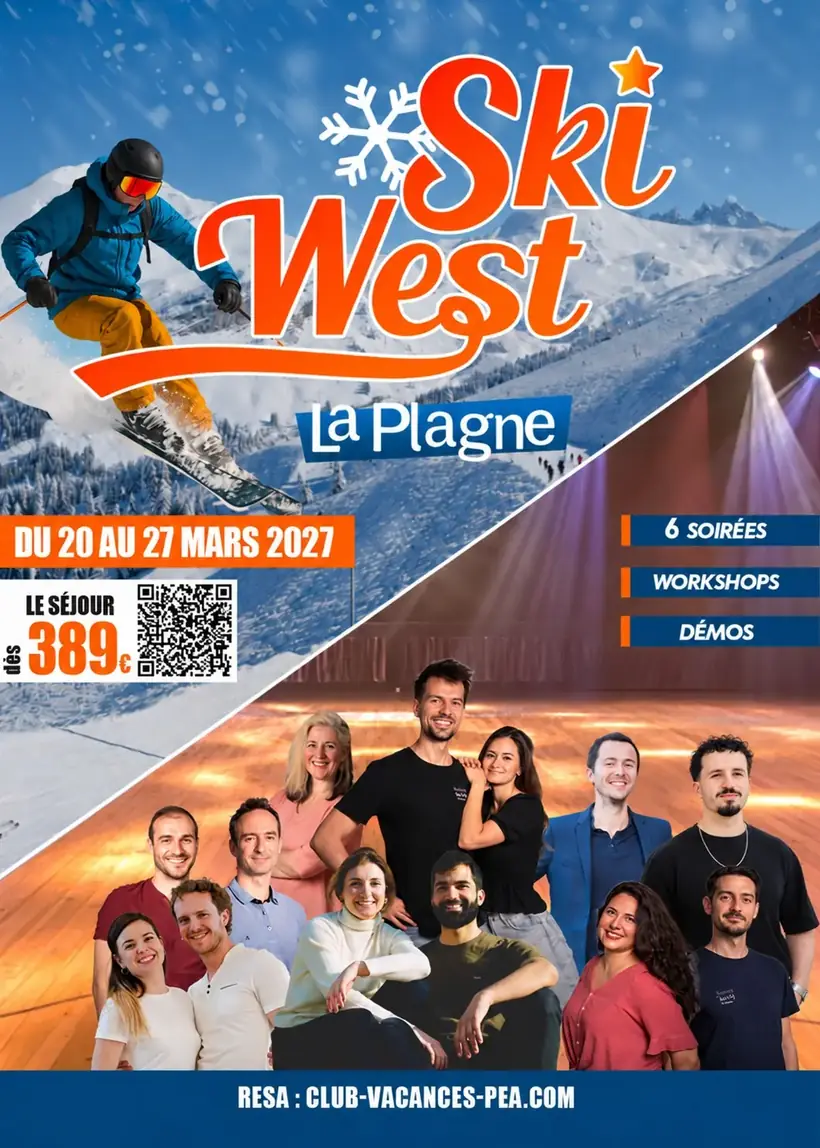 Affiche Ski West La Plagne, du 20 au 27 mars 2027, dès 389 €, 6 soirées, workshops et démos