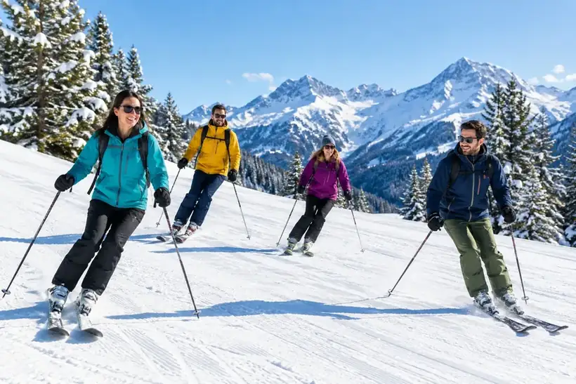 Quatre amis skient ensemble sur une piste ensoleillée
